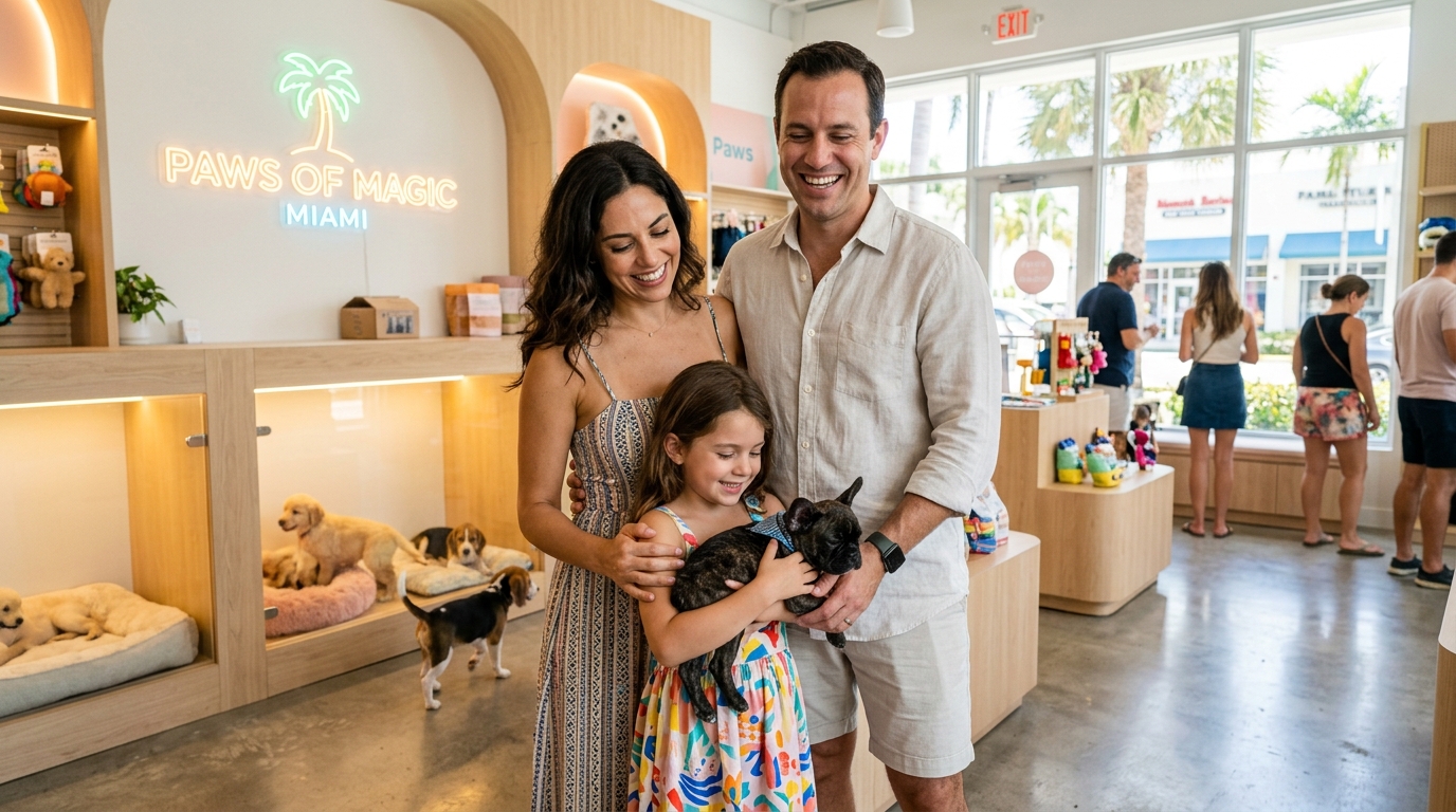 Happy family at PuppiesToGo Miami choosing their new puppy